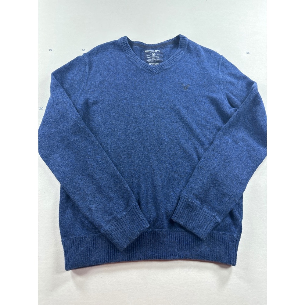 American Eagle Mens XS Blue V-Neck Sweater Knit Pullover Logo XS/TP/EXCH